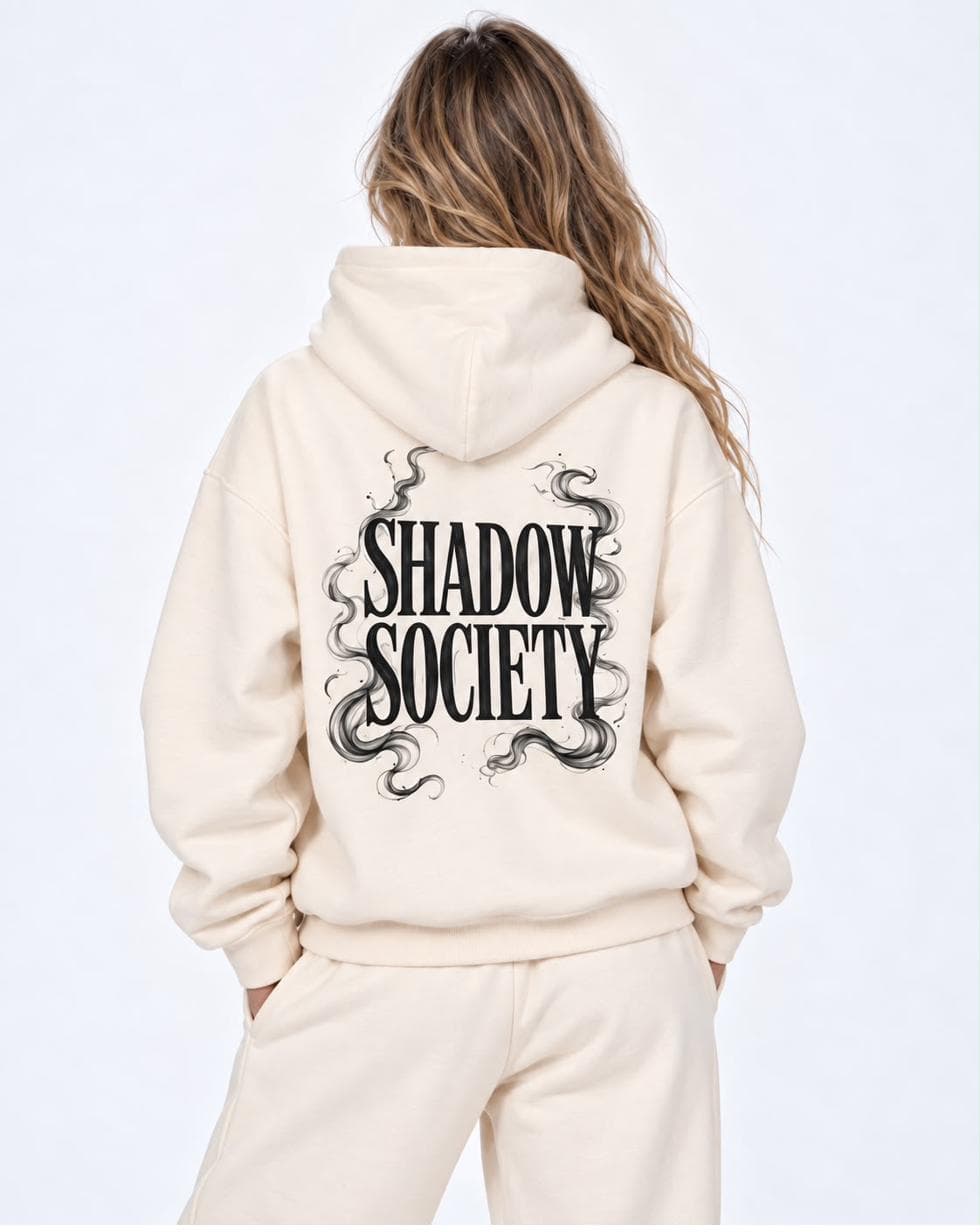 Back of the cream hoodie with the Shadow Society smoke print
